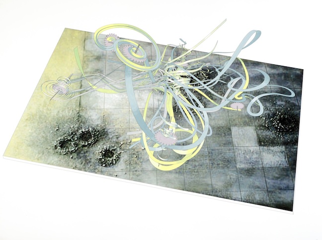 
                            <h4><em>From the Series Entitled 'Sum Over Histories'<br />
							 Timescape #3B Over a Bomb Field</em></h4>
                            2011
                            <br /><br />
                            Inkjet print and hand-painted watercolor on paper
                            </br>
                            47.75 x 64 inches 
                            <br /><br />