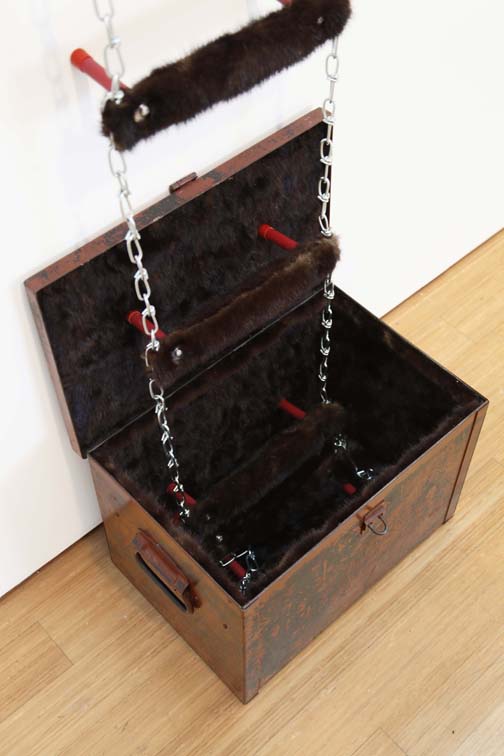 <h3> E.V. DAY</h3>
						<h4><em>Chain Mink Emergency Escape Ladder</em></h4>
						2014</br>
						Mink, metal chain ladder, metal box</br>
						Dimensions variable
                        </br></br>
                        (Detail)