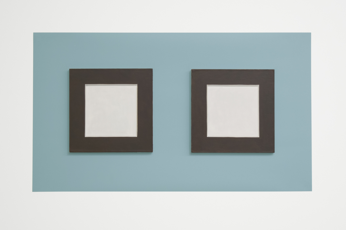 
                            <h4><em>Doug No. 1</em></h4>
                            2019 
                            <br /><br />
                            Two 2D Paintings: oil on linen over wood panel<br>8 x 8 x 1/4 inces each<br><br>
Wall: Benjamin Moore House Paint #P3 Century Larimar<br>15 x 26 inches, 28 x 21 inches
                            <br /><br />