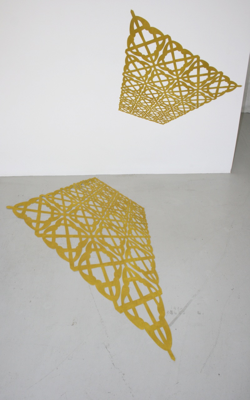 
                            <h4><em>Gold Planes</em></h4>
                            2007
                            <br /><br />
                            flocking on hand cut paper
                            </br>
                            65 x 45 inches 
                            <br /><br /> 